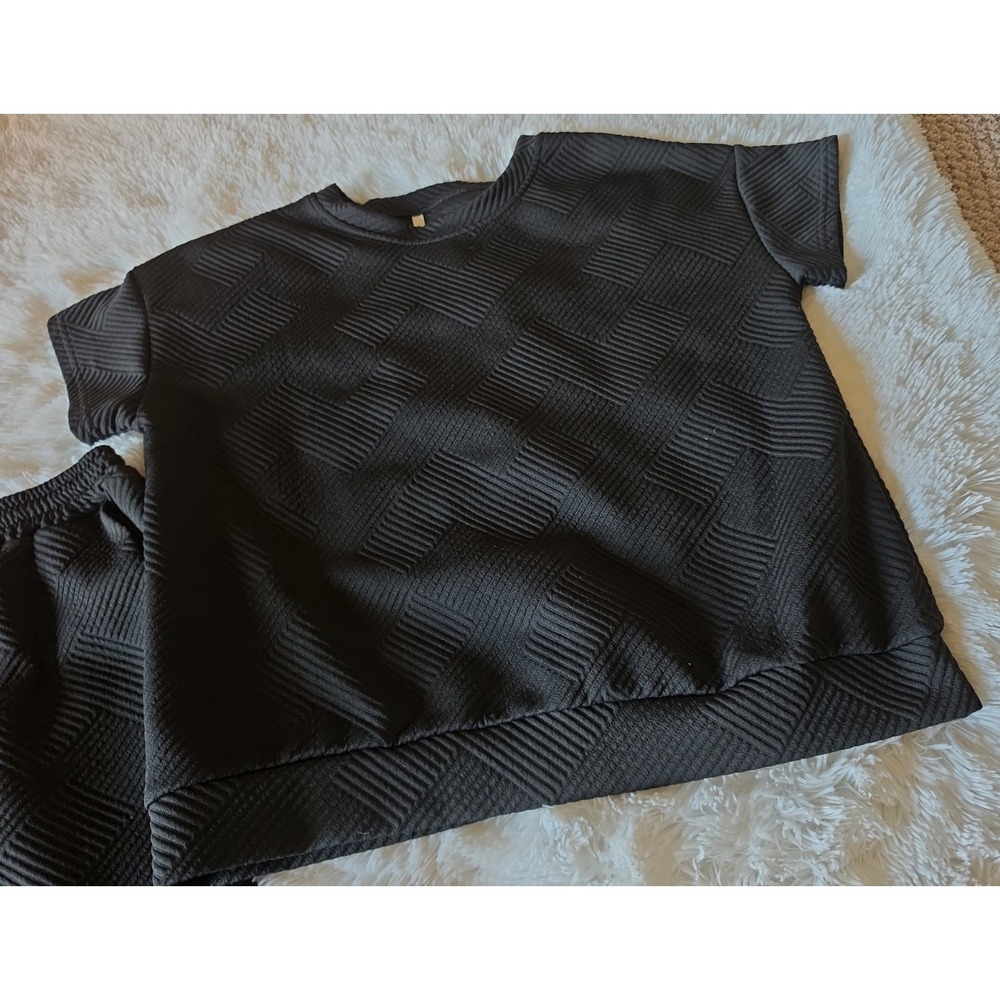 Textured Quilted Short-Sleeve Top and Matching Wide-Leg Pants -S - Picture 9 of 10